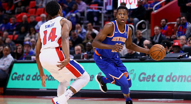 The Knicks' Frank Ntilikina is guarded by the Pistons' Ish Smith on Dec. 29, 2017, at Little Caesars Arena in Detroit. The Knicks' Frank Ntilikina is guarded by the Pistons' Ish Smith on Dec. 29, 2017, at Little Caesars Arena in Detroit.