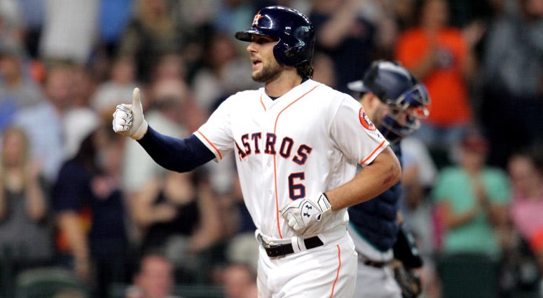 Astros center fielder Jake Marisnick celebrates while crossing home plate after hitting a home run against the Seattle Mariners on July 17, 2017, at Minute Maid Park. Astros center fielder Jake Marisnick celebrates while crossing home plate after hitting a home run against the Seattle Mariners on July 17, 2017, at Minute Maid Park.