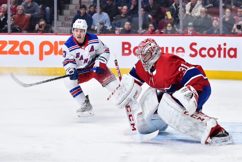 Goaltender Carey Price #31 of the Montreal Canadiens tends goal near Jesper Fast of the Rangers during the first period at the Bell Centre on February 27, 2020 in Montreal, Canada. Goaltender Carey Price #31 of the Montreal Canadiens tends goal near Jesper Fast of the Rangers during the first period at the Bell Centre on February 27, 2020 in Montreal, Canada.