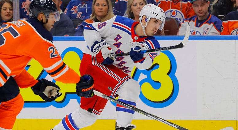 The Rangers' Chris Kreider shoots against the Edmonton Oilers on March 3, 2018, at Rogers Place in Edmonton, Canada.