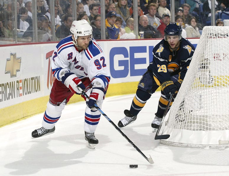 Michael Nylander of the Rangers controls the puck as Jason Pominville #29 of the Buffalo Sabres defends during Game 1 of the 2007 Eastern Conference Semifinal game on April 25, 2007 at HSBC Arena in Buffalo, New York. Michael Nylander of the Rangers controls the puck as Jason Pominville #29 of the Buffalo Sabres defends during Game 1 of the 2007 Eastern Conference Semifinal game on April 25, 2007 at HSBC Arena in Buffalo, New York.