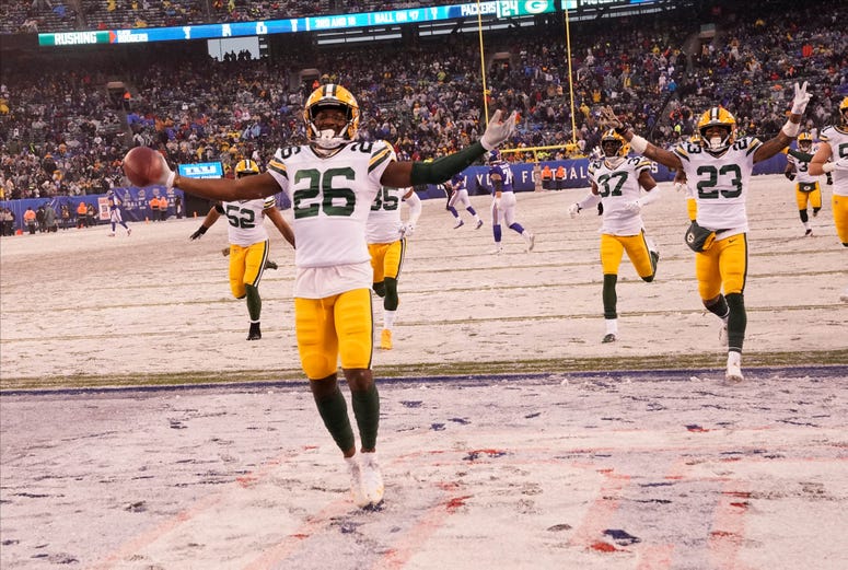 The Packers celebrate against the Giants. The Packers celebrate against the Giants.