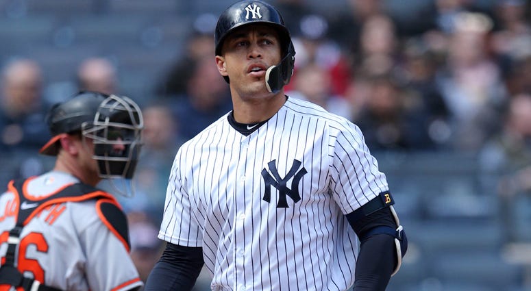 Yankees right fielder Giancarlo Stanton reacts after his third strikeout against the Baltimore Orioles on April 8, 2018, at Yankee Stadium. Yankees right fielder Giancarlo Stanton reacts after his third strikeout against the Baltimore Orioles on April 8, 2018, at Yankee Stadium.