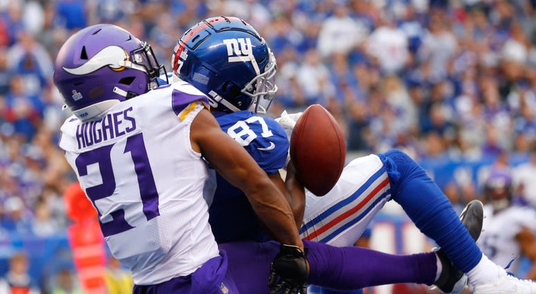 Giants wide receiver Sterling Shepard cannot catch a pass against Minnesota Vikings cornerback Mike Hughes Oct 6, 2019; East Rutherford, NJ Giants wide receiver Sterling Shepard cannot catch a pass against Minnesota Vikings cornerback Mike Hughes Oct 6, 2019; East Rutherford, NJ