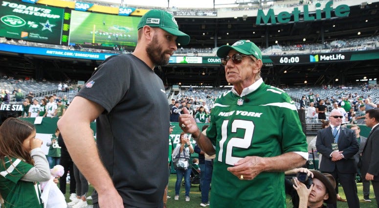 New York Jets head coach Adam Gase (left) talks to Jets former quarterback Joe Namath (right before a game against the Dallas Cowboys on Oct 13, 2019 at MetLife Stadium. New York Jets head coach Adam Gase (left) talks to Jets former quarterback Joe Namath (right before a game against the Dallas Cowboys on Oct 13, 2019 at MetLife Stadium.