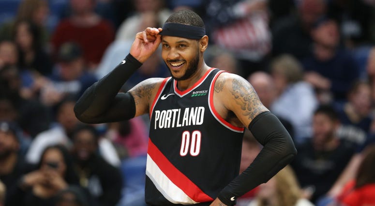 Portland Trail Blazers forward Carmelo Anthony smiles in the second half against the New Orleans Pelicans Nov 19, 2019; New Orleans, LA Portland Trail Blazers forward Carmelo Anthony smiles in the second half against the New Orleans Pelicans Nov 19, 2019; New Orleans, LA