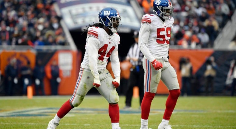 New York Giants linebacker Markus Golden (44) reacts in the second half after his defensive play against the Chicago Bears on Nov 24, 2019 at Soldier Field. New York Giants linebacker Markus Golden (44) reacts in the second half after his defensive play against the Chicago Bears on Nov 24, 2019 at Soldier Field.