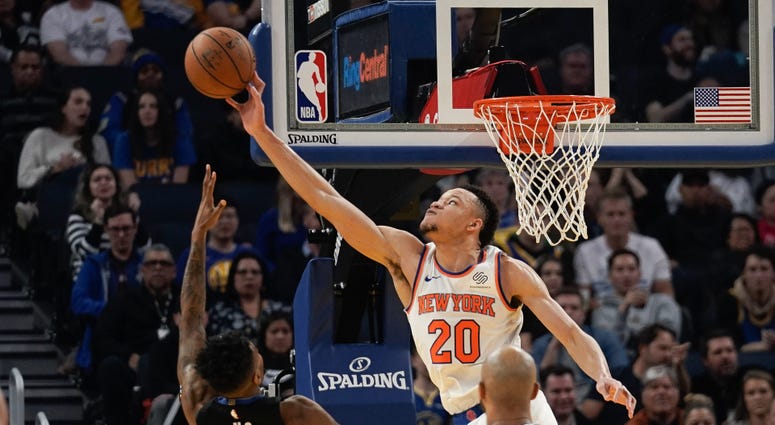 Knicks forward Kevin Knox II defends against Golden State Warriors guard Jacob Evans Dec 11, 2019; San Francisco, CA Knicks forward Kevin Knox II defends against Golden State Warriors guard Jacob Evans Dec 11, 2019; San Francisco, CA