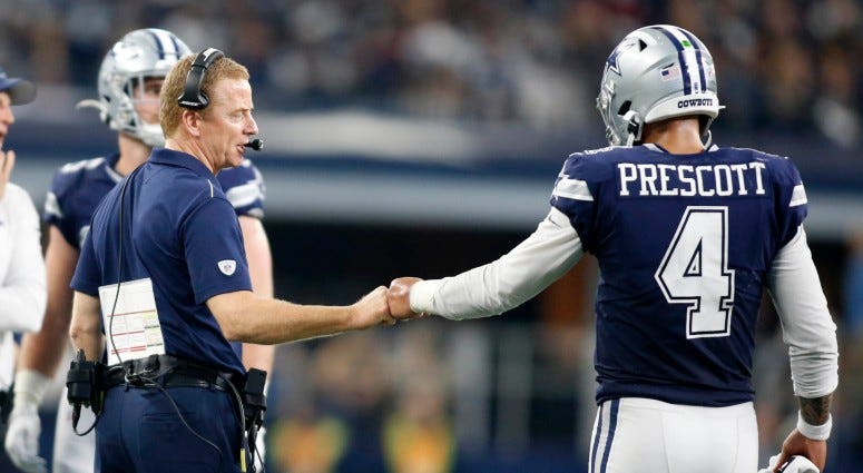 Dallas Cowboys head coach Jason Garrett congratulates quarterback Dak Prescott (4) during a time out in the game against the Los Angeles Rams on Dec 15, 2019 at AT&T Stadium. Dallas Cowboys head coach Jason Garrett congratulates quarterback Dak Prescott (4) during a time out in the game against the Los Angeles Rams on Dec 15, 2019 at AT&T Stadium.