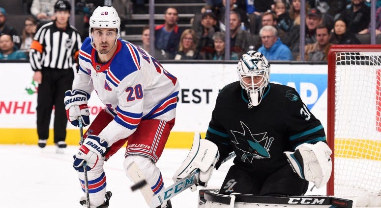 New York Rangers left wing Chris Kreider (20) pressures San Jose Sharks goalie Martin Jones (31) during the third period on Dec 12, 2019 at SAP Center in San Jose. New York Rangers left wing Chris Kreider (20) pressures San Jose Sharks goalie Martin Jones (31) during the third period on Dec 12, 2019 at SAP Center in San Jose.
