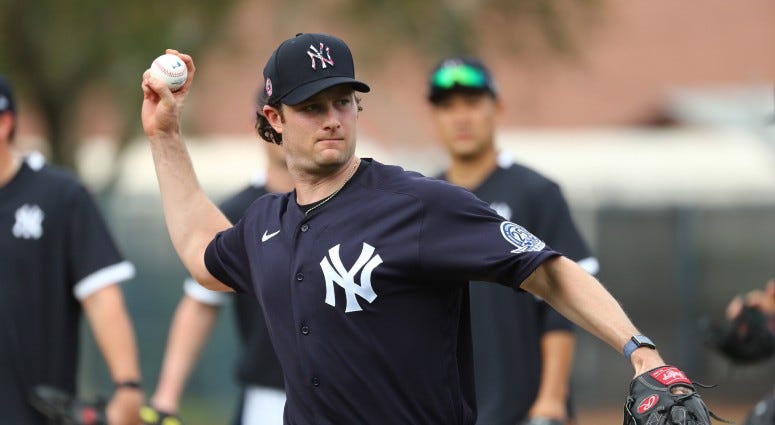 New York Yankees starting pitcher Gerrit Cole (45) works out during spring training on Feb 13, 2020 at George M. Steinbrenner Field. New York Yankees starting pitcher Gerrit Cole (45) works out during spring training on Feb 13, 2020 at George M. Steinbrenner Field.