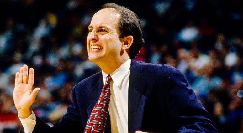 Knicks head coach Jeff Van Gundy reacts on the sidelines against the Miami Heat Apr 12, 1998; Miami, FL Knicks head coach Jeff Van Gundy reacts on the sidelines against the Miami Heat Apr 12, 1998; Miami, FL