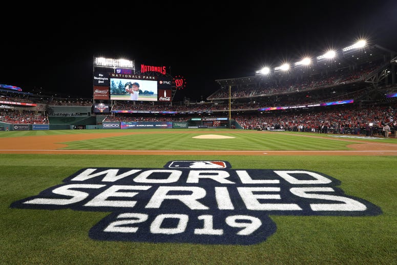 A detail of the World Series logo prior to Game Three of the 2019 World Series between the Houston Astros and the Washington Nationals at Nationals Park on October 25, 2019 in Washington, DC. A detail of the World Series logo prior to Game Three of the 2019 World Series between the Houston Astros and the Washington Nationals at Nationals Park on October 25, 2019 in Washington, DC.