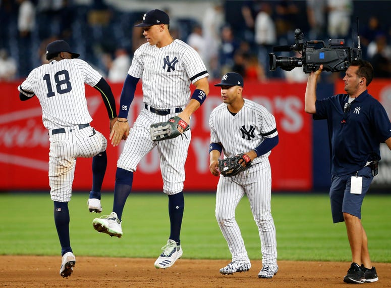 The Yankees celebrate a win. The Yankees celebrate a win.