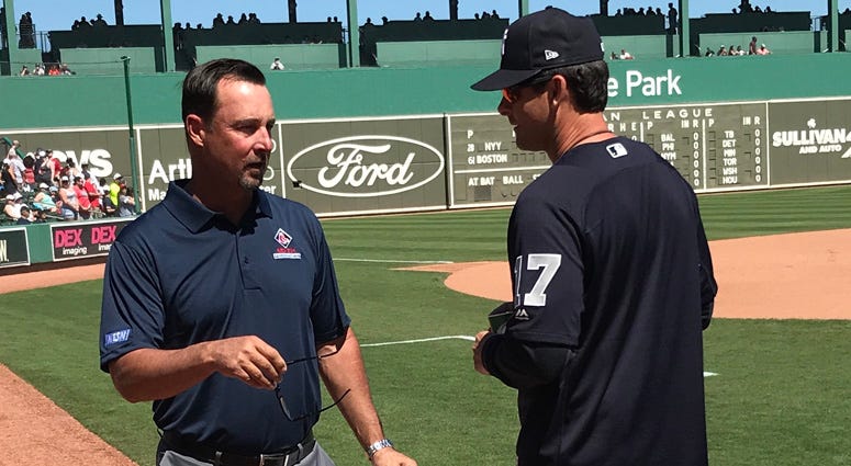 Aaron Boone and Tim Wakefield chat before a spring training game in Fort Myers, Florida in March 2018. Aaron Boone and Tim Wakefield chat before a spring training game in Fort Myers, Florida in March 2018.
