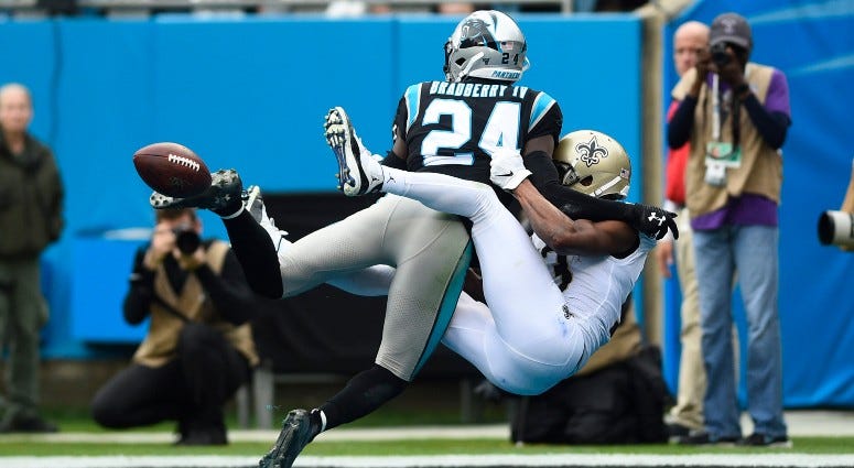 Carolina Panthers cornerback James Bradberry (24) is called for pass interference on a pass intended for New Orleans Saints wide receiver Michael Thomas (13) in the first quarter on Dec 29, 2019 at Bank of America Stadium. Carolina Panthers cornerback James Bradberry (24) is called for pass interference on a pass intended for New Orleans Saints wide receiver Michael Thomas (13) in the first quarter on Dec 29, 2019 at Bank of America Stadium.