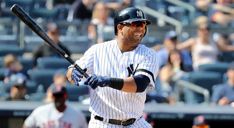 The Yankees' Edwin Encarnacion reacts after getting hit by a pitch against the Boston Red Sox on Aug. 3, 2019, at Yankee Stadium. The Yankees' Edwin Encarnacion reacts after getting hit by a pitch against the Boston Red Sox on Aug. 3, 2019, at Yankee Stadium.