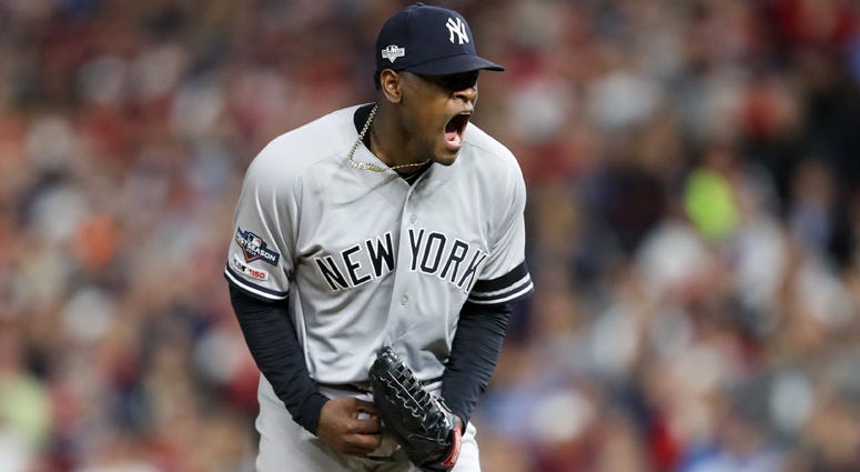 Yankees pitcher Luis Severino reacts during the second inning of Game 3 of the ALDS against the Twins on Oct. 7, 2019, in Minneapolis. Yankees pitcher Luis Severino reacts during the second inning of Game 3 of the ALDS against the Twins on Oct. 7, 2019, in Minneapolis.