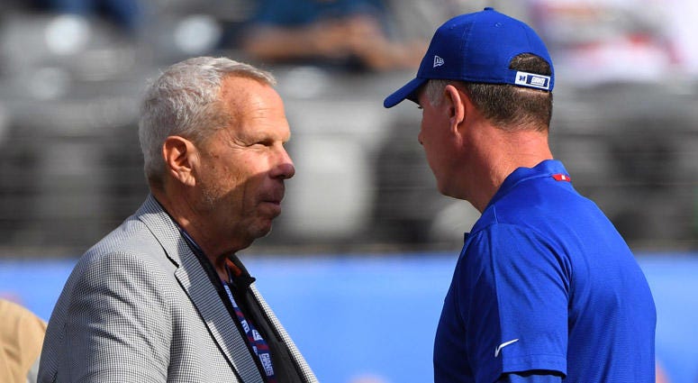 Giants Chairman Steve Tisch talks with coach Pat Shurmur before their game against the New Orleans Saints on Sept. 30, 2018, at MetLife Stadium. Giants Chairman Steve Tisch talks with coach Pat Shurmur before their game against the New Orleans Saints on Sept. 30, 2018, at MetLife Stadium.