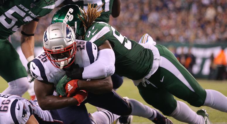 Patriots running back Sony Michel dives for a touchdown against Jets linebacker C.J. Mosley Oct 21, 2019; East Rutherford, NJ Patriots running back Sony Michel dives for a touchdown against Jets linebacker C.J. Mosley Oct 21, 2019; East Rutherford, NJ
