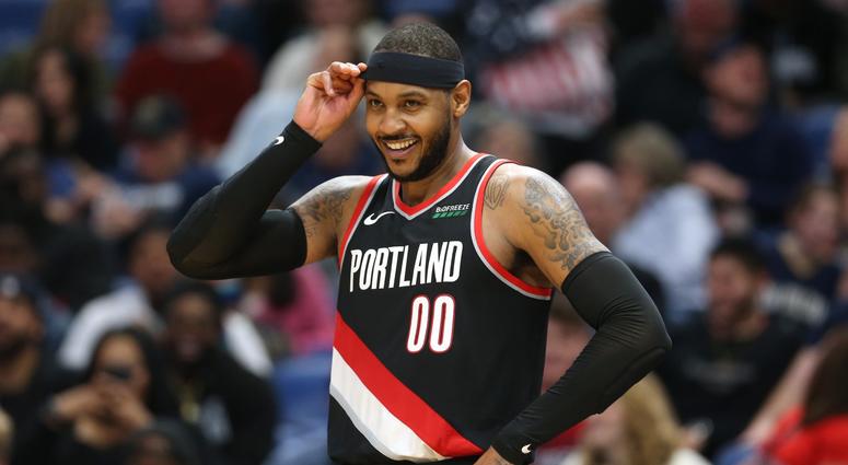 Portland Trail Blazers forward Carmelo Anthony smiles in the second half against the New Orleans Pelicans Nov 19, 2019; New Orleans, LA Portland Trail Blazers forward Carmelo Anthony smiles in the second half against the New Orleans Pelicans Nov 19, 2019; New Orleans, LA