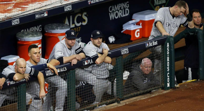 The Astros celebrate after defeating the Yankees by a score of 4-0 to win Game Seven of the American League Championship Series at Minute Maid Park on October 21, 2017 in Houston, Texas. The Astros celebrate after defeating the Yankees by a score of 4-0 to win Game Seven of the American League Championship Series at Minute Maid Park on October 21, 2017 in Houston, Texas.