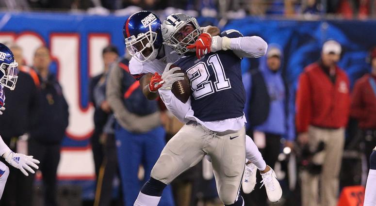 New York Giants safety Antoine Bethea tackles Dallas Cowboys running back Ezekiel Elliott Nov 4, 2019; East Rutherford, NJ New York Giants safety Antoine Bethea tackles Dallas Cowboys running back Ezekiel Elliott Nov 4, 2019; East Rutherford, NJ