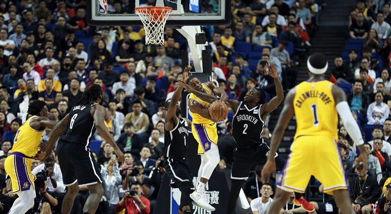 The Lakers' Demetrius Jackson in action against the Nets' Taurean Prince during a preseason game as part of 2019 NBA Global Games China at Mercedes-Benz Arena on Oct. 10, 2019 in Shanghai, China. The Lakers' Demetrius Jackson in action against the Nets' Taurean Prince during a preseason game as part of 2019 NBA Global Games China at Mercedes-Benz Arena on Oct. 10, 2019 in Shanghai, China.