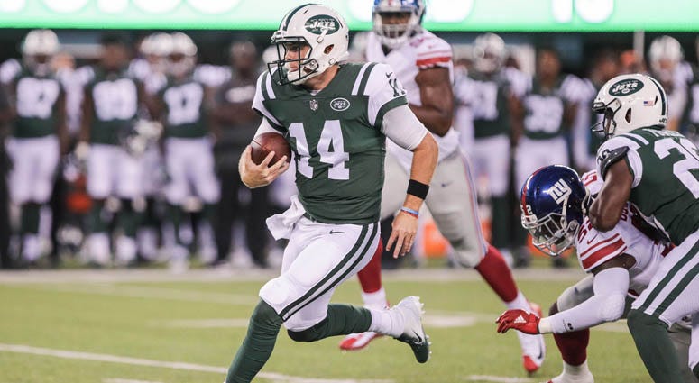 Jets quarterback Sam Darnold (14) rushes for yards during the first half against the New York Giants on Aug. 23, 2018, at MetLife Stadium. Jets quarterback Sam Darnold (14) rushes for yards during the first half against the New York Giants on Aug. 23, 2018, at MetLife Stadium.