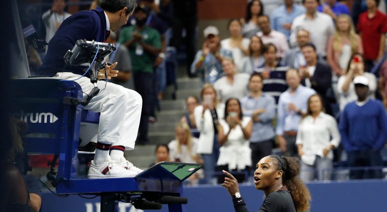 Serena Williams gestures to umpire Carlos Ramos instead of shaking hands after her match against Naomi Osaka in the U.S. Open women's final on Sept. 8, 2018, at the USTA Billie Jean King National Tennis Center. Serena Williams gestures to umpire Carlos Ramos instead of shaking hands after her match against Naomi Osaka in the U.S. Open women's final on Sept. 8, 2018, at the USTA Billie Jean King National Tennis Center.