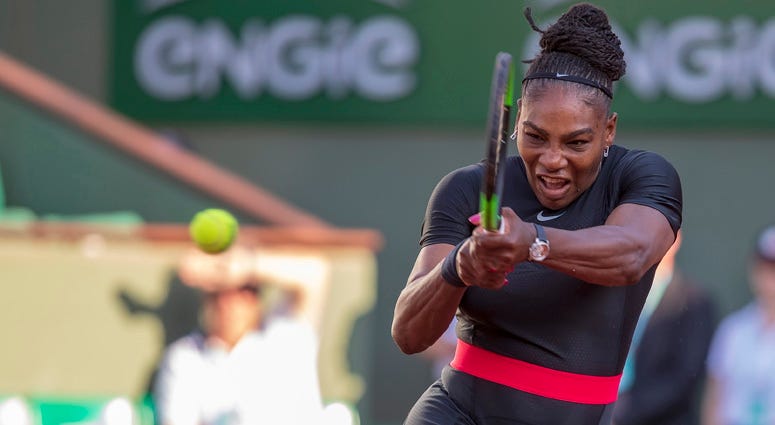 Serena Williams in action during her match against Ashleigh Barty on May 31, 2018, at Roland Garros in Paris. Serena Williams in action during her match against Ashleigh Barty on May 31, 2018, at Roland Garros in Paris.