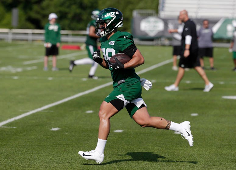 New York Jets' Valentine Holmes participates during practice at the NFL football team's training camp in Florham Park, N.J., Thursday, July 25, 2019. New York Jets' Valentine Holmes participates during practice at the NFL football team's training camp in Florham Park, N.J., Thursday, July 25, 2019.