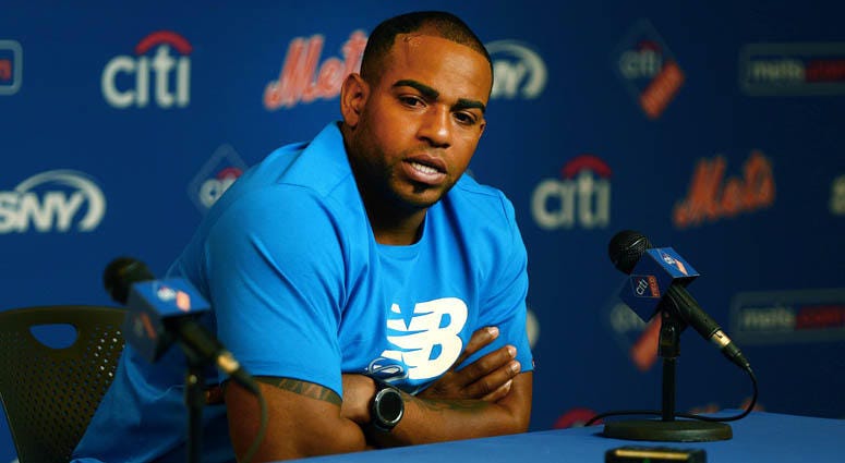 Mets outfielder Yoenis Cespedes addresses the media in a press conference on July 25, 2018, announcing he will undergo season-ending surgery on his heels. Mets outfielder Yoenis Cespedes addresses the media in a press conference on July 25, 2018, announcing he will undergo season-ending surgery on his heels.