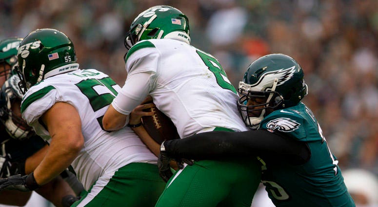 The Eagles' Vinny Curry sacks Jets QB Luke Falk on Oct. 6, 2019, in Philadelphia. The Eagles' Vinny Curry sacks Jets QB Luke Falk on Oct. 6, 2019, in Philadelphia.