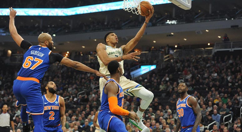 Bucks forward Giannis Antetokounmpo lays up a shot against the Knicks on Dec. 2, 2019, at Fiserv Forum in Milwaukee. Bucks forward Giannis Antetokounmpo lays up a shot against the Knicks on Dec. 2, 2019, at Fiserv Forum in Milwaukee.