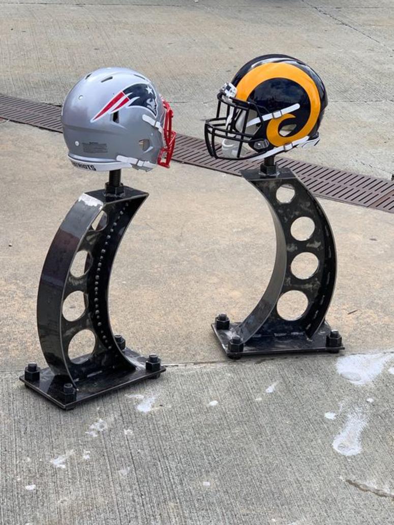 Helmets of the New England Patriots and Los Angeles Rams inside Mercedes-Benz Stadium. (Credit: Adam W. Bloom) Helmets of the New England Patriots and Los Angeles Rams inside Mercedes-Benz Stadium. (Credit: Adam W. Bloom)