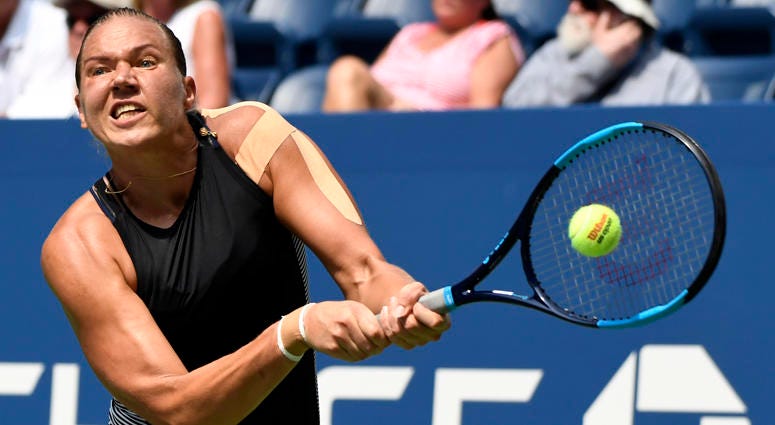 Kaia Kanepi hits to Simona Halep (not pictured) on Day 1 of the U.S. Open on Aug. 27, 2018, at USTA Billie Jean King National Tennis Center. Kaia Kanepi hits to Simona Halep (not pictured) on Day 1 of the U.S. Open on Aug. 27, 2018, at USTA Billie Jean King National Tennis Center.