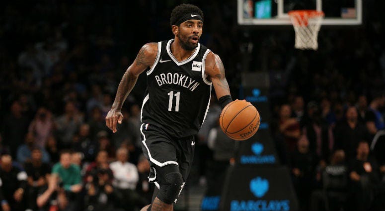 Oct 25, 2019; Brooklyn, NY, USA; Brooklyn Nets point guard Kyrie Irving (11) controls the ball against the New York Knicks during the fourth quarter at Barclays Center Oct 25, 2019; Brooklyn, NY, USA; Brooklyn Nets point guard Kyrie Irving (11) controls the ball against the New York Knicks during the fourth quarter at Barclays Center