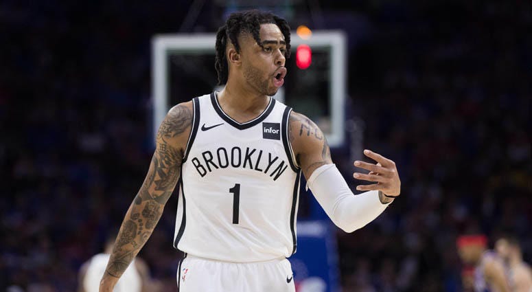 The Nets' D'Angelo Russell reacts to his bench during a break in the second quarter against the 76ers in Game 1 of their first-round playoff game at Wells Fargo Center in Philadelphia. The Nets' D'Angelo Russell reacts to his bench during a break in the second quarter against the 76ers in Game 1 of their first-round playoff game at Wells Fargo Center in Philadelphia.