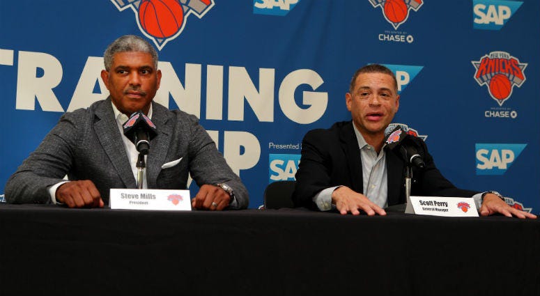 New York Knicks president Steve Mills and general manager Scott Perry speak to the media on media day at MSG Training Center. New York Knicks president Steve Mills and general manager Scott Perry speak to the media on media day at MSG Training Center.