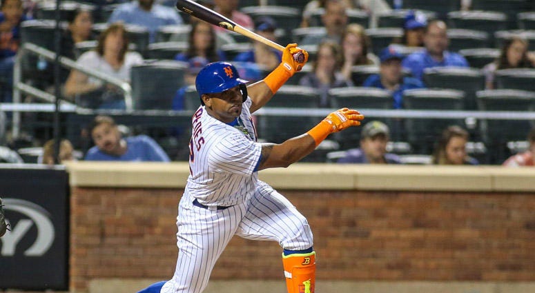 Mets left fielder Yoenis Cespedes bats at Citi Field on Aug. 11, 2017. Mets left fielder Yoenis Cespedes bats at Citi Field on Aug. 11, 2017.