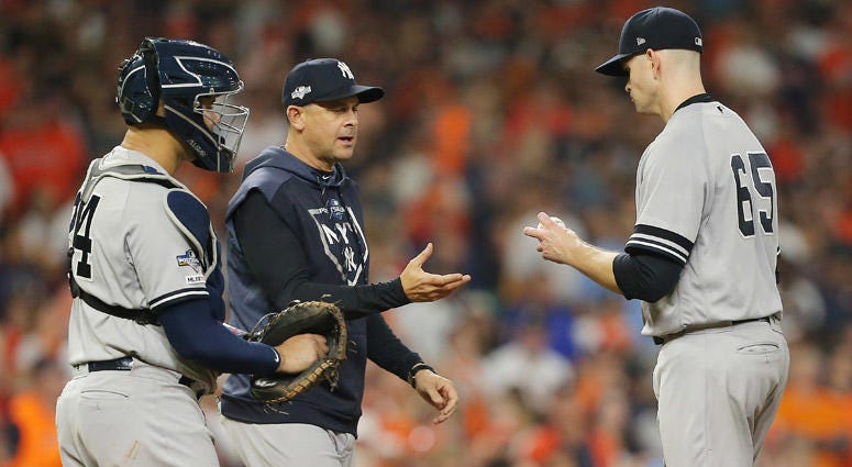 The Yankees' James Paxton is pulled by manager Aaron Boone during the third inning against the Houston Astros in Game 2 of the American League Championship Series on Oct. 13, 2019, in Houston. The Yankees' James Paxton is pulled by manager Aaron Boone during the third inning against the Houston Astros in Game 2 of the American League Championship Series on Oct. 13, 2019, in Houston.