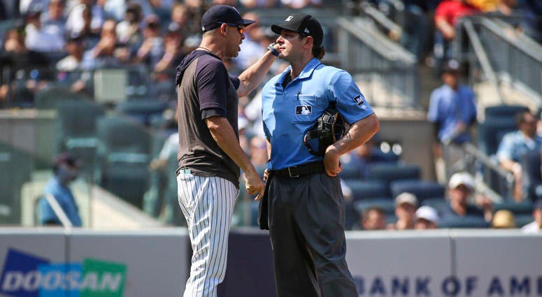 Yankees manager Aaron Boone argues with home plate umpire Ben May on Aug. 17, 2019, against the Cleveland Indians at Yankee Stadium. Yankees manager Aaron Boone argues with home plate umpire Ben May on Aug. 17, 2019, against the Cleveland Indians at Yankee Stadium.