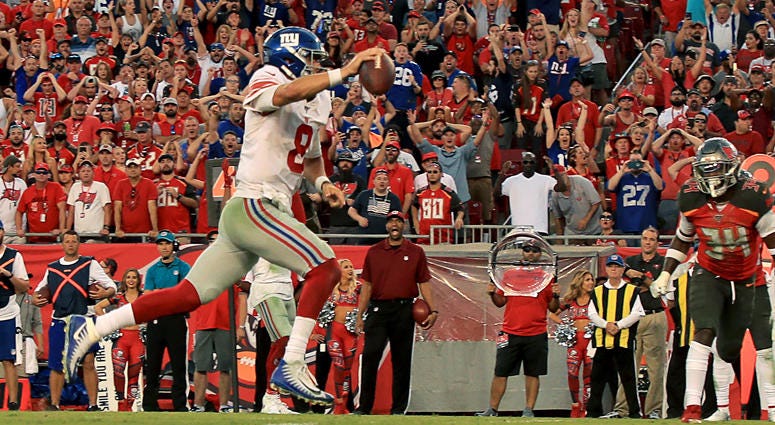 Giants quarterback Daniel Jones scores a fourth-quarter touchdown during a game against the Buccaneers on Sept. 22, 2019, in Tampa, Florida. Giants quarterback Daniel Jones scores a fourth-quarter touchdown during a game against the Buccaneers on Sept. 22, 2019, in Tampa, Florida.