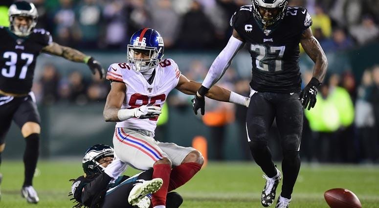 Giants wide receiver Darius Slayton has a play broken up by Eagles cornerback Ronald Darby on Dec. 9, 2019, at Lincoln Financial Field in Philadelphia. Giants wide receiver Darius Slayton has a play broken up by Eagles cornerback Ronald Darby on Dec. 9, 2019, at Lincoln Financial Field in Philadelphia.