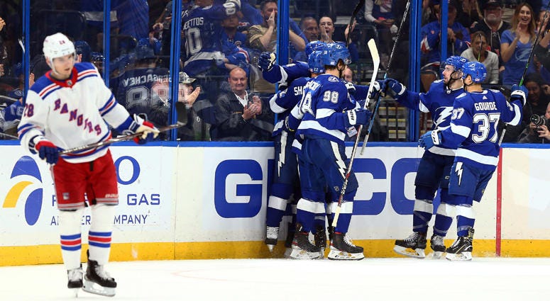 The Tampa Bay Lightning celebrate one of their nine goals against the Rangers on Nov. 14, 2019. The Tampa Bay Lightning celebrate one of their nine goals against the Rangers on Nov. 14, 2019.