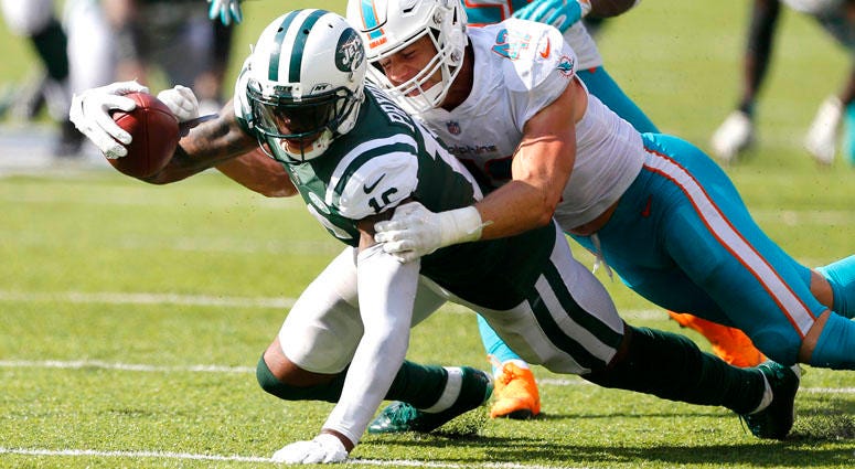 Jets wide receiver Terrelle Pryor is tackled after a catch by Dolphins linebacker Kiko Alonso on Sept. 16, 2018, at MetLife Stadium. Jets wide receiver Terrelle Pryor is tackled after a catch by Dolphins linebacker Kiko Alonso on Sept. 16, 2018, at MetLife Stadium.