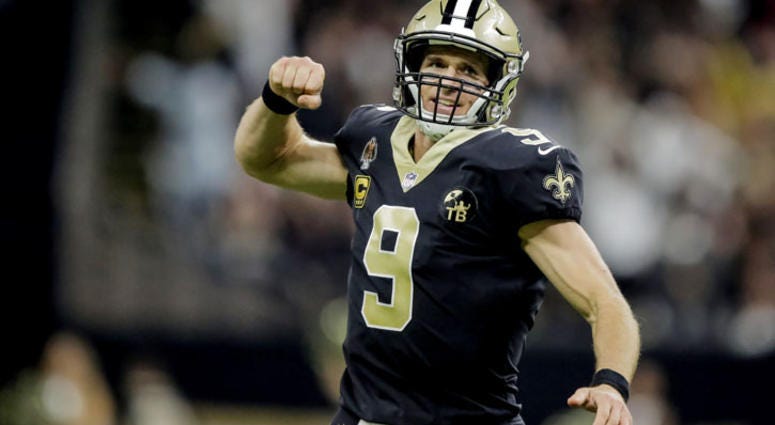 Saints quarterback Drew Brees (9) celebrates after throwing a touchdown pass against the Atlanta Falcons during the second quarter on Nov. 22, 2018, at the Mercedes-Benz Superdome in New Orleans. Saints quarterback Drew Brees (9) celebrates after throwing a touchdown pass against the Atlanta Falcons during the second quarter on Nov. 22, 2018, at the Mercedes-Benz Superdome in New Orleans.