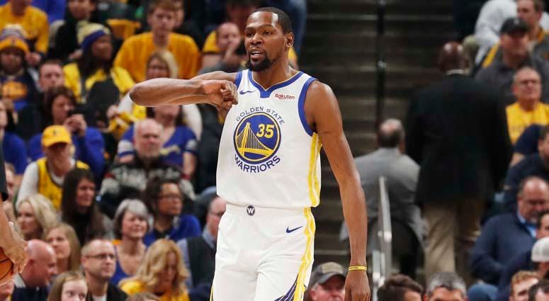 Warriors forward Kevin Durant reacts by pounding on his chest after making a play against the Pacers on Jan. 28, 2019, at Bankers Life Fieldhouse in Indianapolis. Warriors forward Kevin Durant reacts by pounding on his chest after making a play against the Pacers on Jan. 28, 2019, at Bankers Life Fieldhouse in Indianapolis.