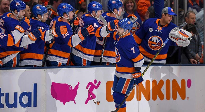 Apr 10, 2019; Brooklyn, NY, USA; New York Islanders right wing Jordan Eberle (7) celebrates his goal with the team bench against the Pittsburgh Penguins. Mandatory Credit: Dennis Schneidler-USA TODAY Sports Apr 10, 2019; Brooklyn, NY, USA; New York Islanders right wing Jordan Eberle (7) celebrates his goal with the team bench against the Pittsburgh Penguins. Mandatory Credit: Dennis Schneidler-USA TODAY Sports